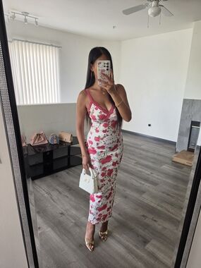 Zara White Midi Slip Dress with Pink Floral Print